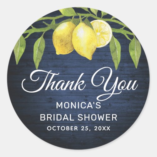 Navy Blue Wood  Lemons Greenery Bridal Shower Classic Round Sticker