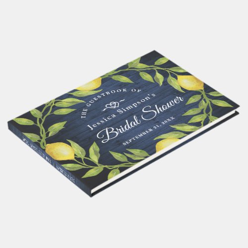 Navy Blue Wood  Lemons Watercolor Bridal Shower Guest Book