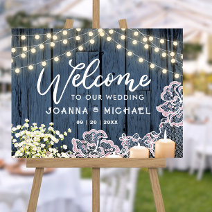 Navy Blue Wood Lights & Lace Wedding Welcome Foam Board