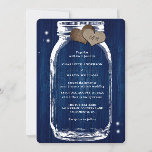 Navy Blue Wood Mason Jar Burlap Hearts Wedding Invitation