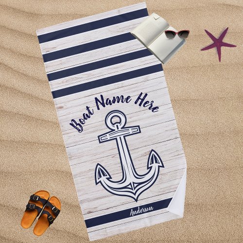 Navy Blue Wood Nautical Anchor Add Boat Name  Beach Towel