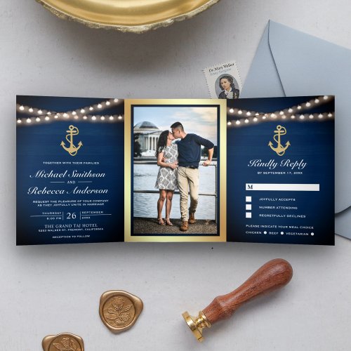 Navy Blue Wood Nautical Gold Anchor Lights Wedding Tri_Fold Invitation
