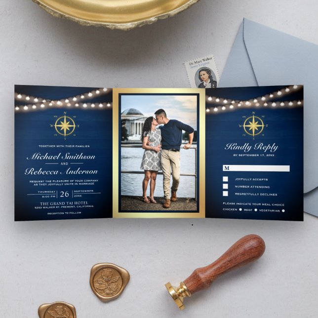 Navy Blue Wood Nautical Gold Compass Wedding Tri-Fold Invitation (Creator Uploaded)