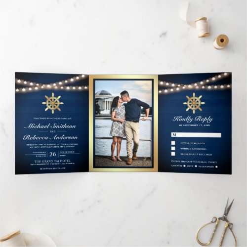 Navy Blue Wood Nautical Gold Ships Wheel Wedding Tri_Fold Invitation