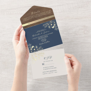 Navy Blue Wood Photo All-in-One Wedding Invite