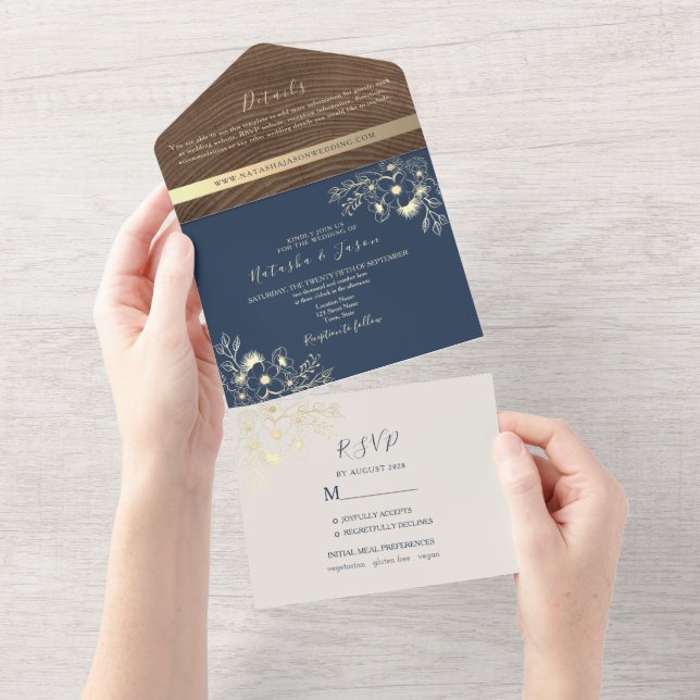 Navy Blue Wood Photo All-in-One Wedding Invite (Tearaway)