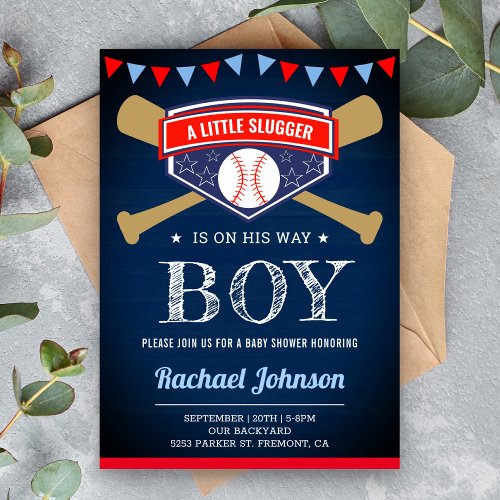 Navy Blue Wood Sports Boy Baseball Baby Shower Invitation