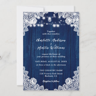 Navy Blue Wood String Lights Floral Lace Wedding Invitation