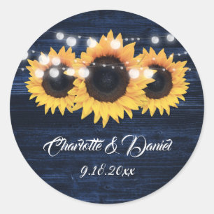 Navy Blue Wood String Lights Sunflower Wedding Classic Round Sticker