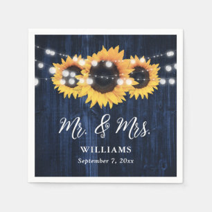 Navy Blue Wood String Lights Sunflower Wedding Napkins