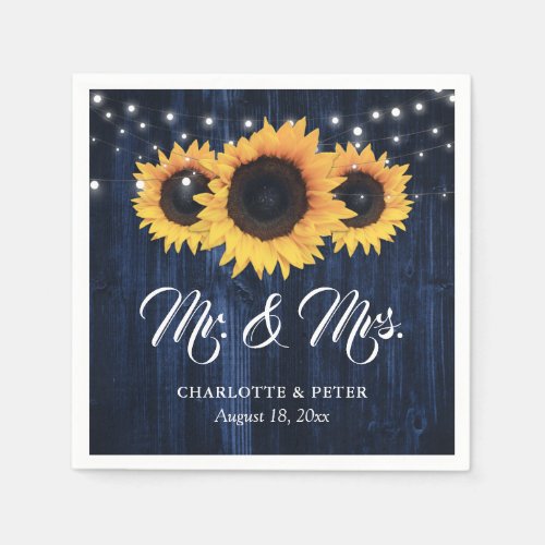 Navy Blue Wood String Lights Sunflower Wedding Napkins