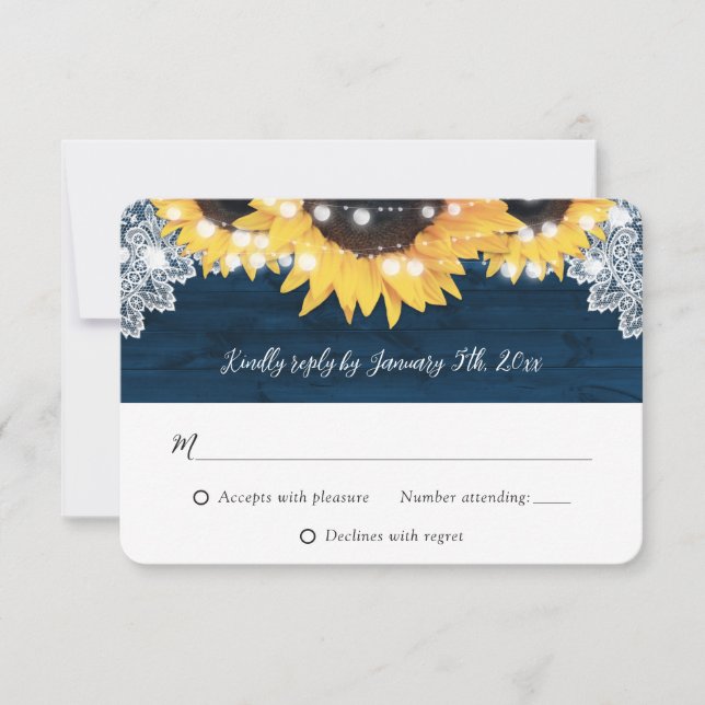 Navy Blue Wood String Lights Sunflower Wedding RSVP Card (Front)