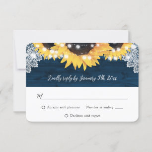 Navy Blue Wood String Lights Sunflower Wedding RSVP Card