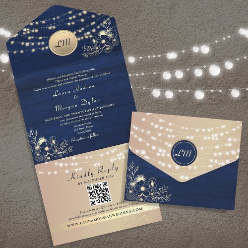 Navy Blue Wood String Lights Wedding All In One Invitation