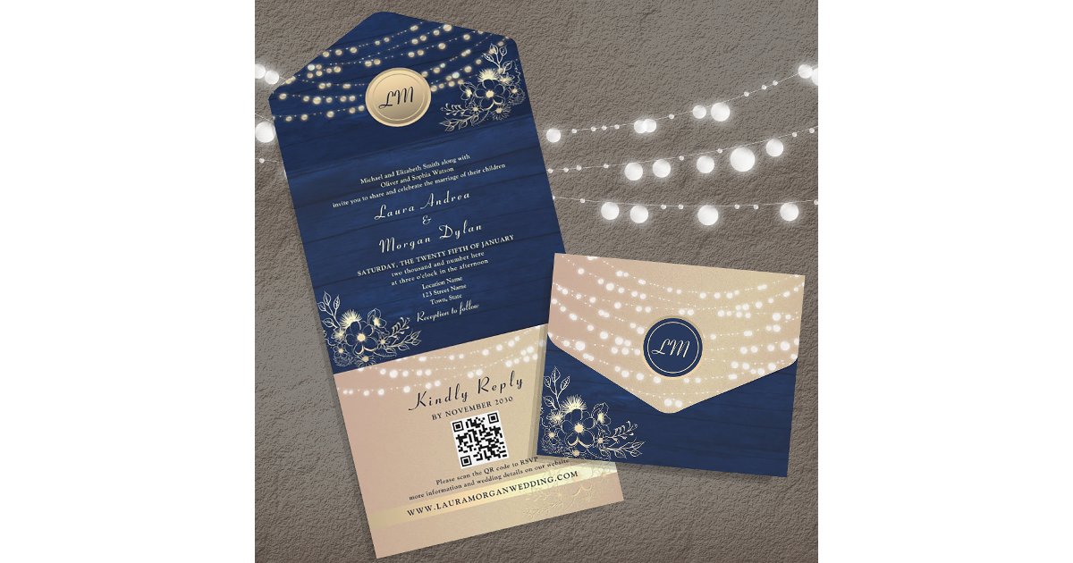 Navy Blue Wood String Lights Wedding All In One Invitation | Zazzle