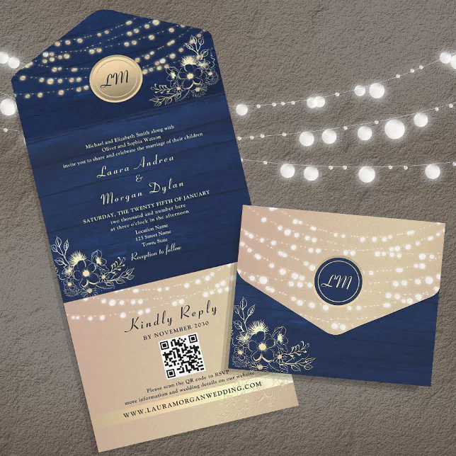 Navy Blue Wood String Lights Wedding All In One Invitation | Zazzle