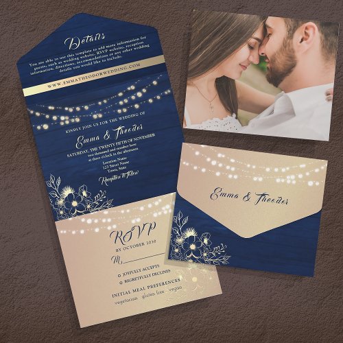 Navy Blue Wood String Lights Wedding All In One Invitation