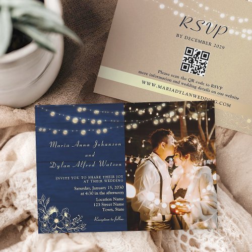 Navy Blue Wood String Lights Wedding QR Code Invitation