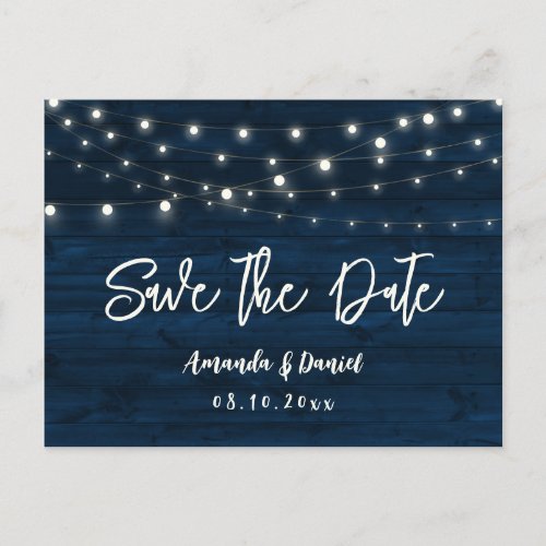 Navy Blue Wood String Lights Wedding Save The Date Postcard