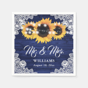 Navy Blue Wood Sunflower Floral Lace Wedding Napkins