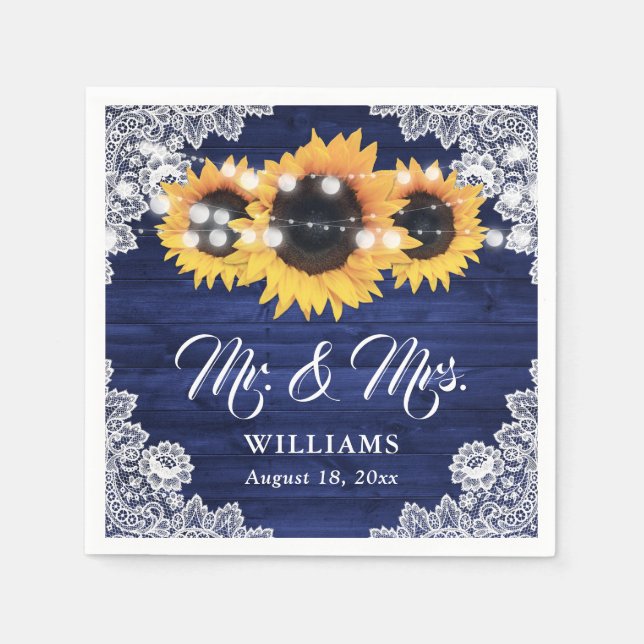 Navy Blue Wood Sunflower Floral Lace Wedding Napkins (Front)
