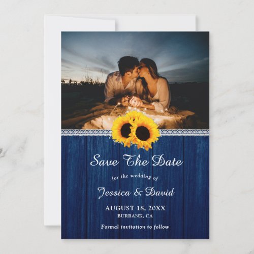 Navy Blue Wood Sunflower Photo Save The Date Cards