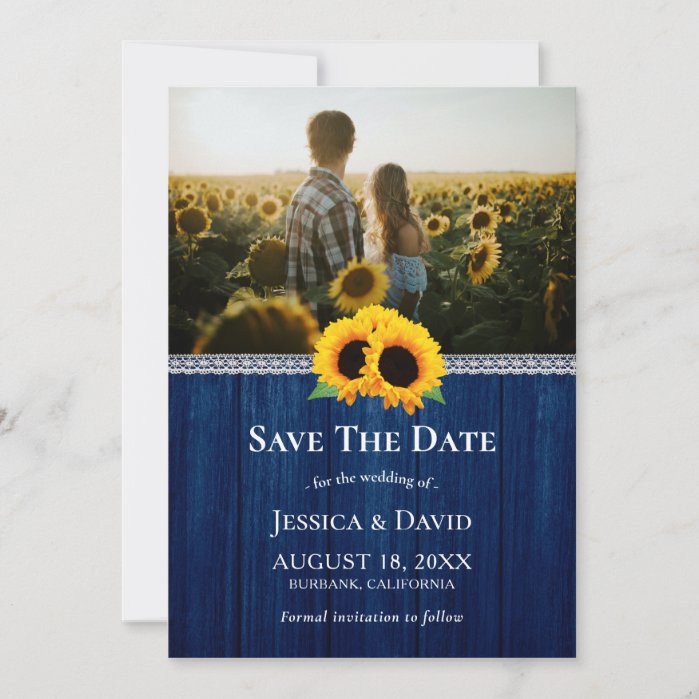Navy Blue Wood Sunflower Photo Save The Date Cards