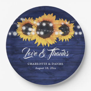 Navy Blue Wood Sunflower String Lights Wedding Paper Plates