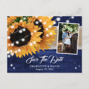 Navy Blue Wood Sunflower Wedding Photo Announcement Postcard