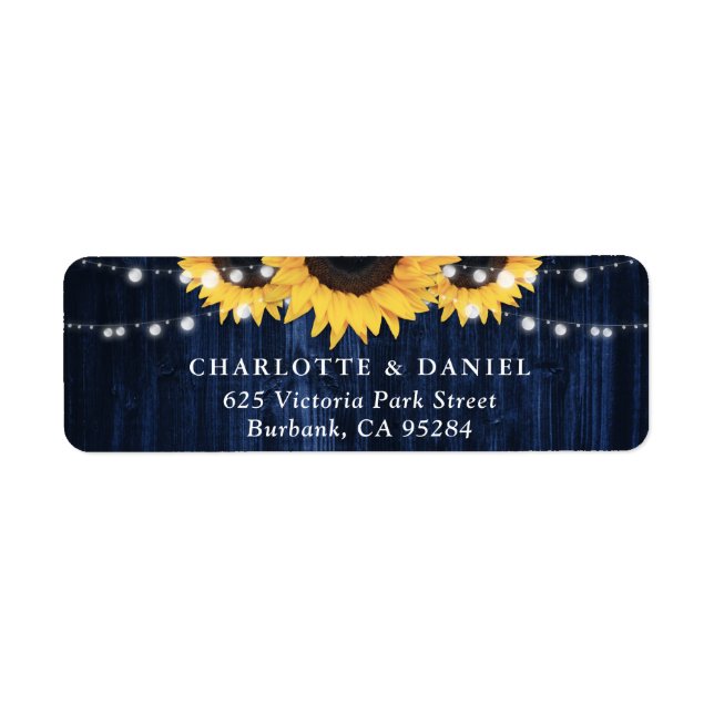 Navy Blue Wood Sunflower Wedding Return Address Label (Front)