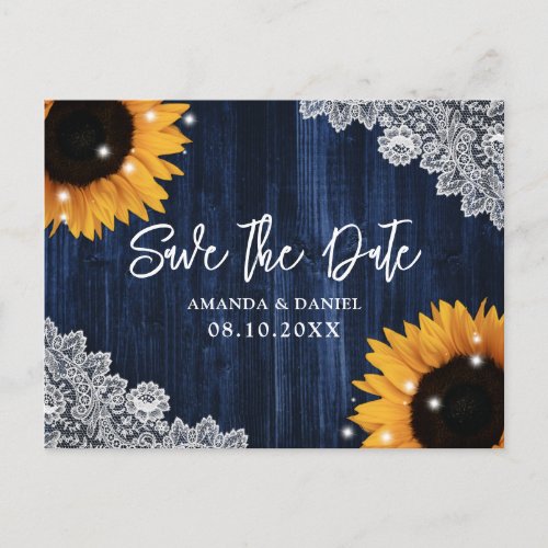 Navy Blue Wood Sunflower Wedding Save The Date Postcard