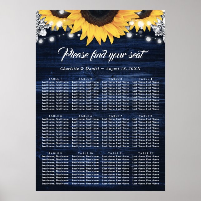 Navy Blue Wood Sunflower Wedding Seating Chart 12 (Front)