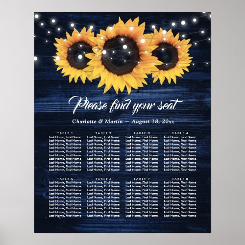 Navy Blue Wood Sunflower Wedding Seating Plan 8 Poster