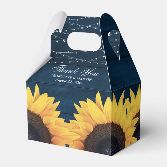 Navy Blue Wood Sunflower Wedding Thank You Favor Boxes (Front Side)
