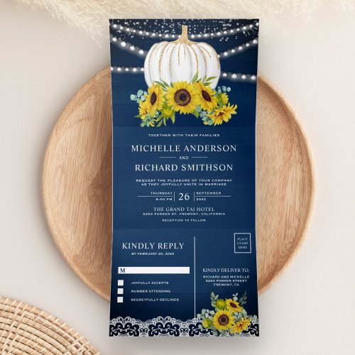 Navy Blue Wood Sunflowers White Pumpkin Wedding Tri_Fold Invitation