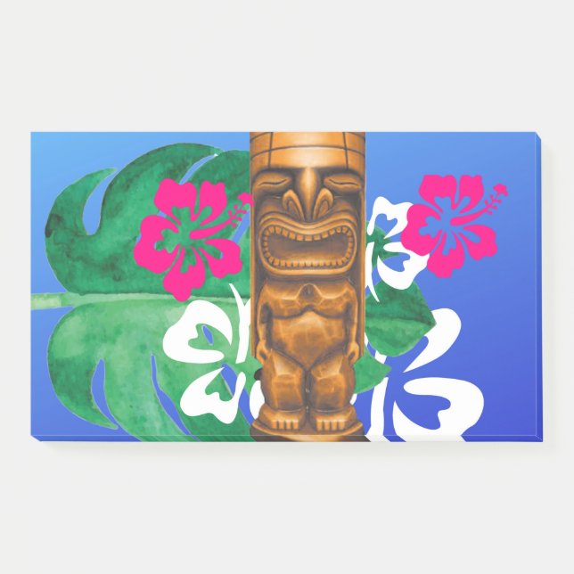 Navy blue wood tiki and hibiscus post-it notes (Front)