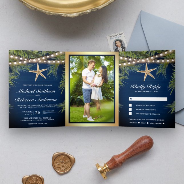 Navy Blue Wood Tropical Palm Leaf Starfish Wedding Tri-Fold Invitation (Creator Uploaded)