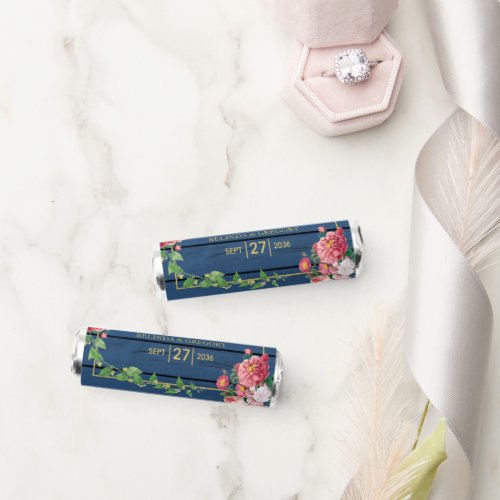 Navy Blue Wood Vintage Pink Roses  Gold Wedding Breath Savers Mints