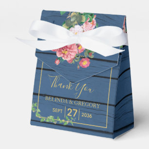 Navy Blue Wood Vintage Pink Roses & Gold Wedding Favor Boxes