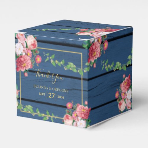 Navy Blue Wood Vintage Pink Roses  Gold Wedding   Favor Boxes