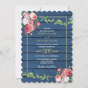 Navy Blue Wood Vintage Pink Roses & Gold Wedding Invitation