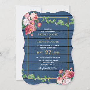 Navy Blue Wood Vintage Pink Roses & Gold Wedding Invitation