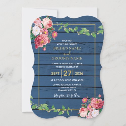 Navy Blue Wood Vintage Pink Roses  Gold Wedding Invitation
