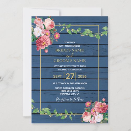 Navy Blue Wood Vintage Pink Roses  Gold Wedding Invitation