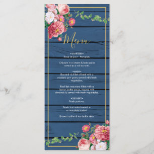 Navy Blue Wood Vintage Pink Roses & Gold Wedding Menu
