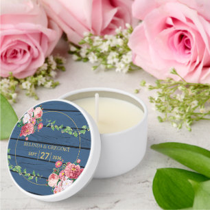 Navy Blue Wood Vintage Pink Roses & Gold Wedding  Mini Candle Favors