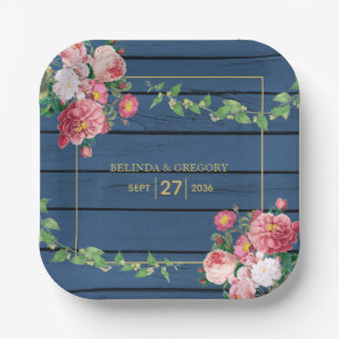 Navy Blue Wood Vintage Pink Roses & Gold Wedding Paper Plates