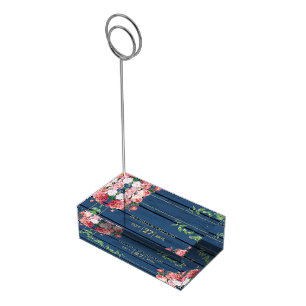 Navy Blue Wood Vintage Pink Roses & Gold Wedding  Place Card Holder