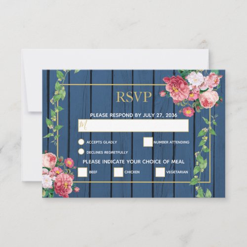 Navy Blue Wood Vintage Pink Roses  Gold Wedding RSVP Card
