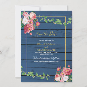 Navy Blue Wood Vintage Pink Roses & Gold Wedding Save The Date